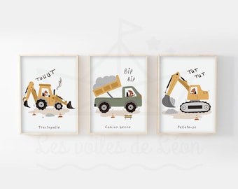 Set of 3 children's posters: construction vehicles, wall decoration for a baby boy's room; posters of trucks and construction equipment with dinosaurs
