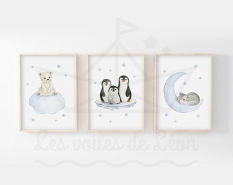 Lot 3 aquarelles polaire A4(21x29,7cm) ou 13x18cm ours nuage pingouins banquise loup lune décoration murale chambre enfant cadeau naissance