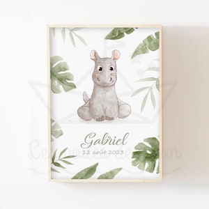 Pôster de selva de hipopótamo bebê 30x40cm decoração de parede quarto infantil ilustração em aquarela pôster de savana ideia de presente de nascimento