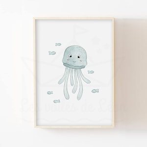 Póster de medusas bebé A4 (21x29,7 cm) o 13x18 cm decoración de la pared del dormitorio infantil cartel de acuarela animales marinos idea de regalo de nacimiento en el mar