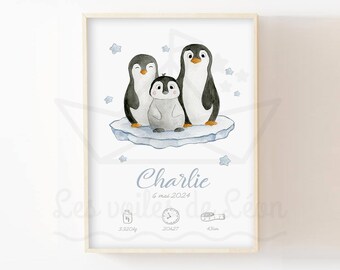 Affiche aquarelle bébé pingouin 30x40cm décoration murale chambre enfant animaux polaire banquise idée cadeau naissance