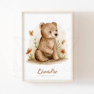 Póster nombre oso niño A4 (21x29,7cm) O 13x18cm Ilustración acuarela animales del bosque personalizado nacimiento decoración niño osito de peluche