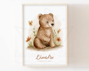 Personalized bear name poster for children, watercolor illustration of forest animals, custom birth decoration for a child, teddy bear