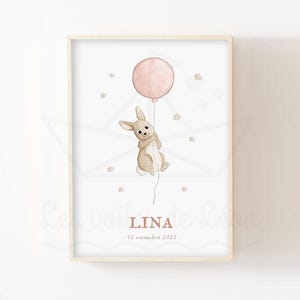 Póster de nacimiento de conejo con globo, 30 x 40 cm, decoración de pared para habitación infantil, ilustración de acuarela, animales bebés, bosque, cielo, estrellas