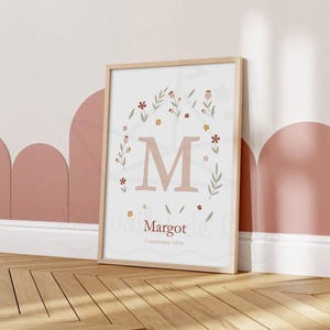Póster con letras florales para bebé, tamaño A4 (21 x 29,7 cm) o 13 x 18 cm, decoración floral para habitación de niña, arte de pared con inicial personalizado, nombre de pila, flores bohemias