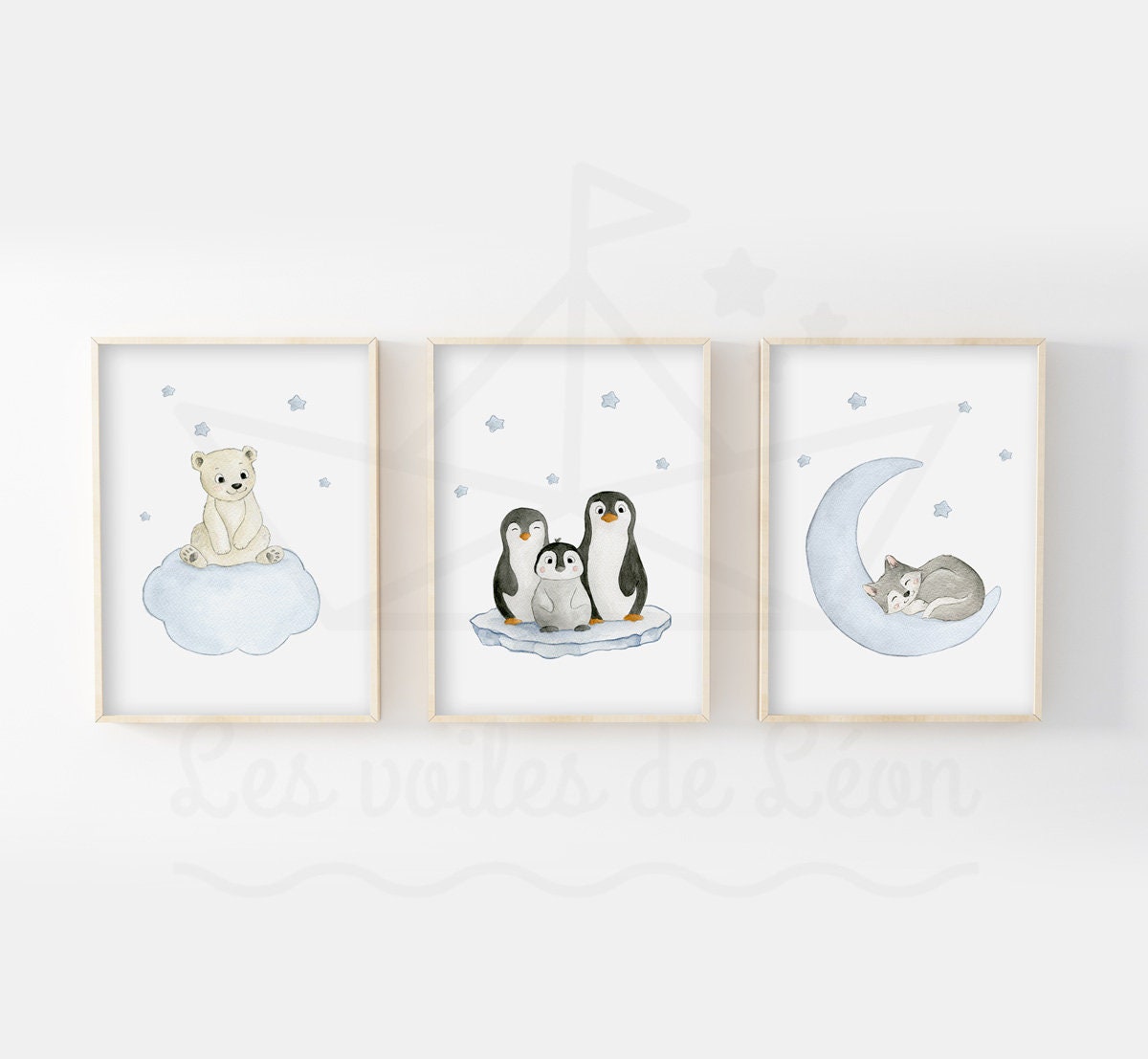 Lot 3 Aquarelles Polaire 30x40cm Ours Nuage Pingouins Banquise Loup Lune Décoration Murale Chambre E