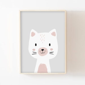 Affiche enfant chat 30x40, poster mural, cadeau naissance chambre enfant bébé décoration murale mignon animaux pastel, chaton gris rose bleu