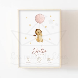 Póster personalizado nombre león A4 (21x29,7cm) o 13x18cm acuarela globo cielo decoración habitación infantil animal sabana regalo de nacimiento