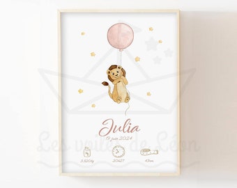 Colorful lion poster, Personalized name illustration, Watercolor sky balloon, Savannah animal nursery decor, Baby shower gift