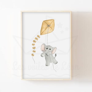 Póster de globo de elefante bebé A4 (21 x 29,7 cm) o 13 x 18 cm, acuarela, animales, cielo, idea de regalo, decoración de pared de nacimiento, habitación infantil