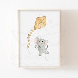 Baby elephant balloon poster A4 (21x29.7cm) or 13x18cm watercolor animals sky birth gift idea child's bedroom wall decoration