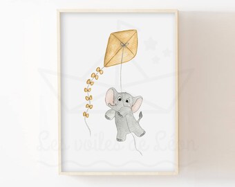 Baby poster elephant balloon watercolor animals sky gift idea birth wall decoration nursery