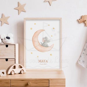 Poster Elefantenbaby Himmel 30x40cm Aquarell Illustration Mond Sterne Geburt Geschenk Wanddekoration Tiere Savanne