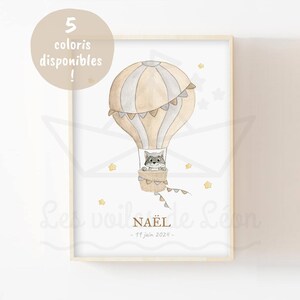 Póster con nombre de bebé, 30 x 40 cm, acuarela, mapache, globo aerostático, decoración de pared, habitación infantil, póster personalizado, regalo de nacimiento