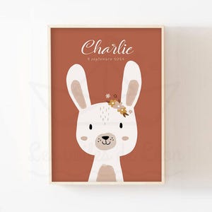 パーソナライズされた赤ちゃんウサギの花のポスター A4 (21x29.7cm) または 13x18cm ボヘミアン装飾女の子の部屋名誕生ギフトアイデア