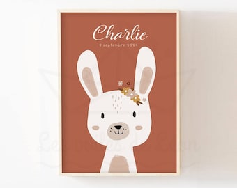 Personalized baby bunny and flower poster, boho nursery decor for girls, name, baby shower gift idea