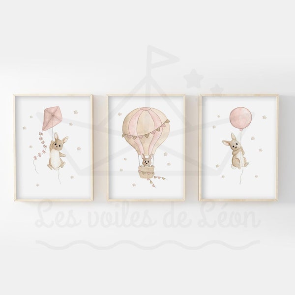 Déco murale chambre bébé lapins 30x40cm posters enfant aquarelles affiches ciel montgolfière étoiles idée cadeau naissance