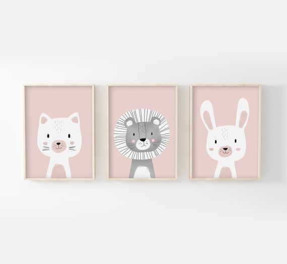 Lot 3 affiches bébé 30x40, chat, lion, lapin, cadeau naissance, anniversaire,  baptême, décoration murale chambre enfant, posters animaux -  France