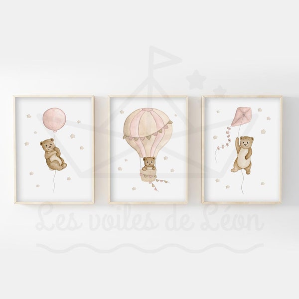 Lot 3 aquarelles oursons bébé 30x40cm illustrations ciel ballon cerf-volant montgolfière décoration chambre enfant affiches cadeau naissance