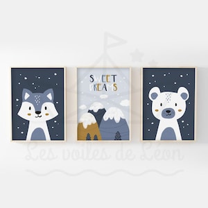 Juego de 3 pósteres polares para bebé A4 (21 x 29,7 cm) O 13 x 18 cm, dulces sueños, lobo, oso, decoración de pared, pósteres para habitación infantil, montañas, nubes y estrellas