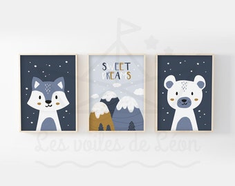 Lot 3 polar baby posters A4 (21x29.7cm) OR 13x18cm sweet dreams wolf bear wall decoration child's room posters mountains cloud stars