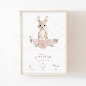 Póster de conejo bebé rosa A4 (21 x 29,7 cm) o 13 x 18 cm ilustración de acuarela flores decoración habitación de niña regalo de nacimiento personalizado
