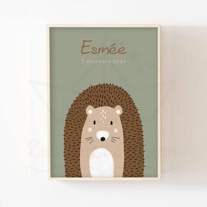 Póster de erizo bebé A4 (21 x 29,7 cm) o 13 x 18 cm, decoración de pared para habitación infantil, animales del bosque, póster personalizado, nombre, regalo de nacimiento