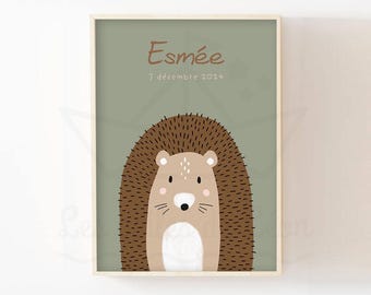 Poster met baby-egel, wanddecoratie voor de kinderkamer, bosdieren, gepersonaliseerde poster met naam, geboortecadeau