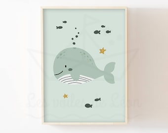 Whale poster, children's room decoration, baby shower gift, animal poster, starfish, ocean, fish