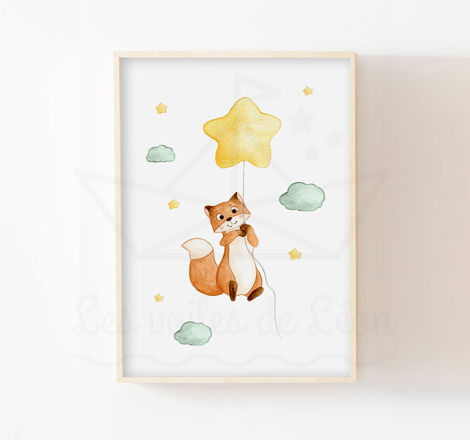 Aquarelle Renard Étoiles Nuages 30x40cm Décoration Murale Chambre Bébé Idée Cadeau Naissance Animaux