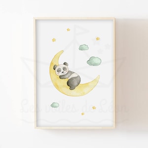 Acuarela bebé panda luna A4 (21x29,7cm) o 13x18cm decoración de pared habitación infantil animales estrellas cielo nacimiento idea regalo