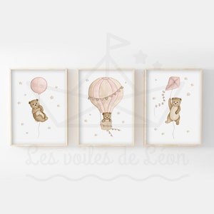 Juego de 3 pósteres A4 de osos en el cielo (21 x 29,7 cm) o 13 x 18 cm, decoración de habitación de bebé, ilustraciones de acuarela de bosque, globo de estrella, globo aerostático, cometa