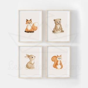 Conjunto de carteles de animales del bosque A4 (21 x 29,7 cm) O 13 x 18 cm, ilustraciones en acuarela, ardilla, oso, zorro, conejo, carteles infantiles, decoración de habitación de bebé