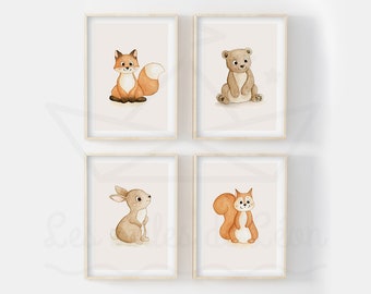 Set of animal posters, forest illustrations, watercolors, squirrel, bear, fox, rabbit, children's posters, baby room decor