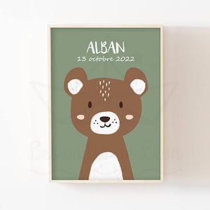Póster de oso con nombre A4 (21 x 29,7 cm) o 13 x 18 cm, decoración de pared para habitación de bebé, póster personalizado de animales del bosque