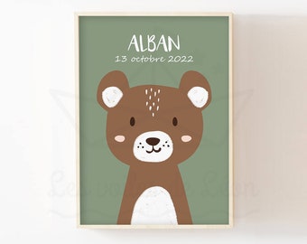 Bear name poster, baby room wall decoration, personalized forest animal poster