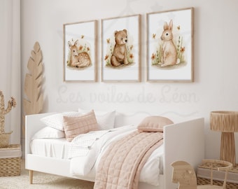 Set med 3 djurposters, skogsstil, dekoration till babyrum: rådjur, björn, kanin, akvarell illustrationer, boho barnrum, blommor