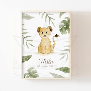 Lion watercolor poster 30x40cm personalized poster first name wall decoration baby room savannah safari birth gift idea