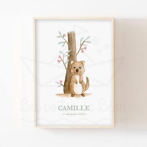 Póster de animales infantiles de Australia, ilustración de acuarela de 30x40cm, decoración de pared de eucalipto quokka, nombre personalizado para habitación de bebé