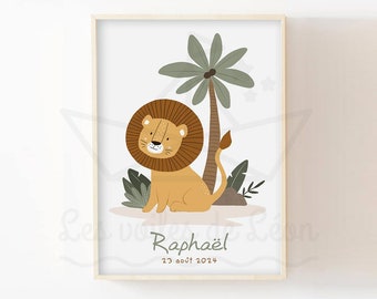Lion safari poster for children, wall decoration, name for baby's room, personalized poster, savannah, baby shower gift idea