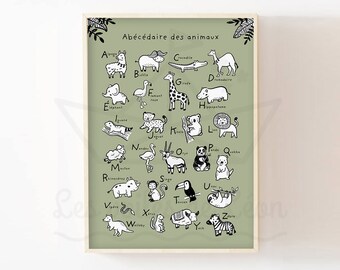 Animal alphabet poster, children's wall decoration, baby room poster, black and white illustration, baby shower gift idea