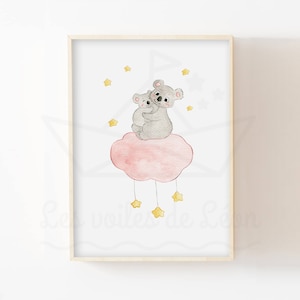 Ilustración para habitación infantil A4/13x18cm, acuarela koala estrellas nubes, idea de regalo para decoración de pared de bebé, póster de animales