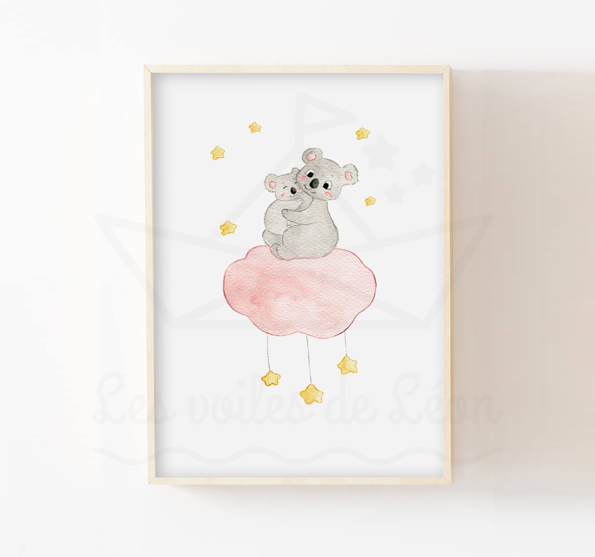 Illustration Chambre Enfant A4/13x18cm, Aquarelle Koala Étoiles Nuages, Idée Cadeau Décoration Mural