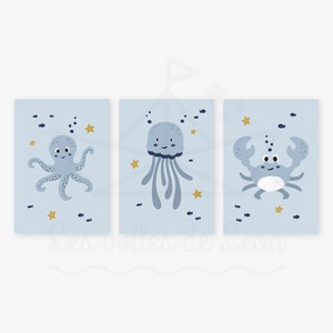 Set of 3 children's posters A4/13x18cm, trio sea crab, jellyfish, octopus, birth gift idea, baby room, wall decoration