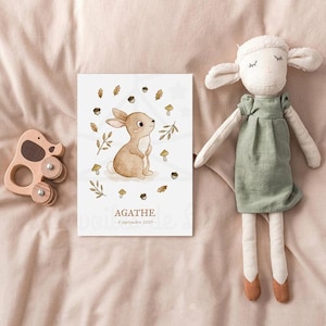 Póster con el nombre del bebé conejo tamaño A4 (21 x 29,7 cm) o póster de pared con ilustración de animales del bosque de 13 x 18 cm para habitación infantil, regalo de nacimiento para niñas y niños