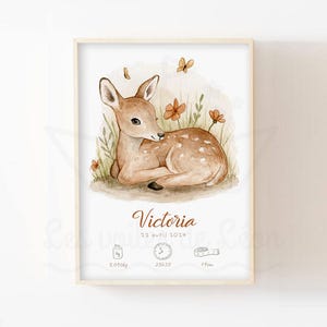 Póster de nacimiento personalizado cervatillo A4 (21x29,7cm) O 13x18cm decoración de pared habitación bebé animales del bosque ilustración acuarela nombre