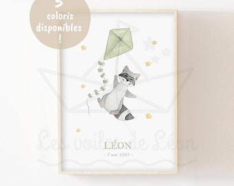 Décoration chambre bébé personnalisée 30x40cm illustration aquarelle ciel raton laveur cerf-volant poster prénom affiche enfant naissance