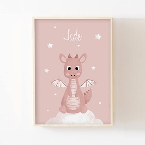 Baby dragon first name poster A4 (21x29.7cm) OR 13x18cm decoration child's room fairy stars birth gift idea