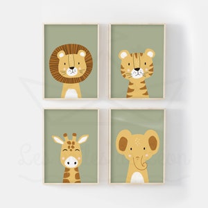 Lot 4 affiches safari A421x29,7cm ou 13x18cm lion girafe tigre éléphant poster chambre bébé décoration murale savane idée cadeau naissance Vert olive