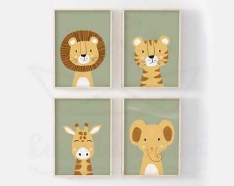 Lot 4 affiches safari A4(21x29,7cm) ou 13x18cm lion girafe tigre éléphant poster chambre bébé décoration murale savane idée cadeau naissance